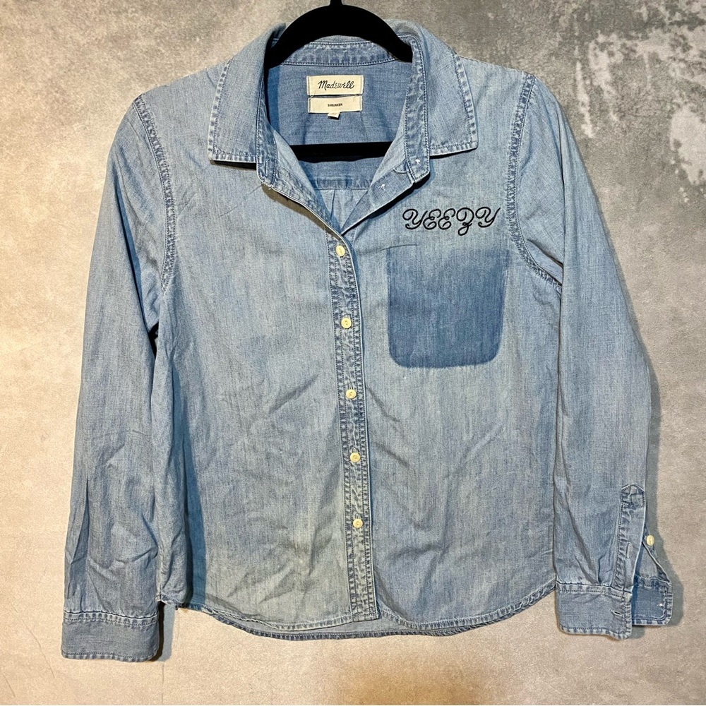 Madewell Denim Button Up Shrunken Ex Boyfriend Shirt Sz Large Monogrammed